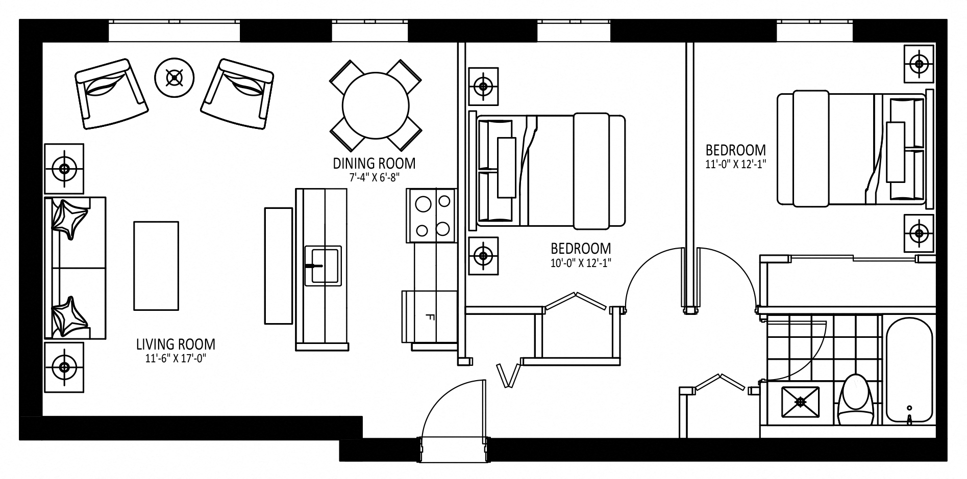 Floor plan for 2 beds, 1 bath, 731 sqft